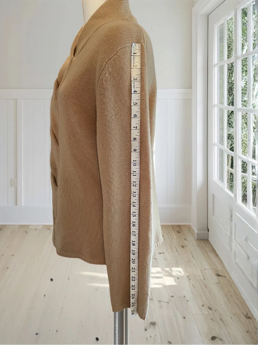 MADISON STUDIO Women's XL Tan 100% Cashmere Shawl Collar Cable Knit Sweater Top - Picture 8 of 15